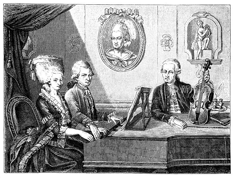 利奥波德·莫扎特和他的孩子沃尔夫冈·阿玛德乌斯和玛丽安;De la Croce的莫扎特全家福(1779)